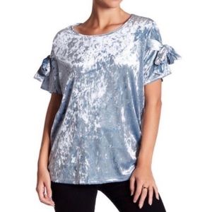 Pleione Blue Crushed Velvet Tie Sleeve Blouse